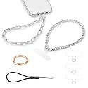 2 pcs Phone Charm with Gold Metal Chain Detachable Phones Lanyard Hand Wrist Strap Wristlet Adjustable Grip Strap with 3 Patches Tether Universal for iPhone 17 16 Pro Max 15 Charms Silver