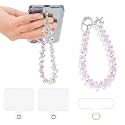 2 pcs Phone Wrist Strap Crystal Phone Charm Chain Keychain Beaded Cellphone Lanyard Detachable with 3 Tether Tab Hands-Free Wristlet Bracelet Wrist Grip for Women Girls Universal for iPhone White Pink