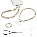 2 Pcs Phone Wrist Strap Lanyard Metal Chain Detachable Adjustable Phone Grip Wristlet Bracelet with 3 Patches Tether Universal for iPhone 16 Pro Max 15 14 Samsung Charms Gold