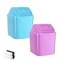 2 Pcs Plastic Mini Wastebasket Trash Can with Swing Lid with 4 Rolls of Trash Bags, Tiny Desktop Waste Garbage Bin for Office, Kitchen, Vanity Tabletop, Bedroom, Bathroom(Blue + Purple)