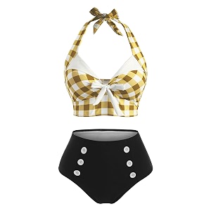2 Pieces Bikini Set Retro Halter Plaid