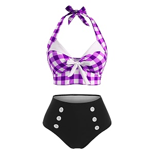 2 Pieces Bikini Set Retro Halter Plaid