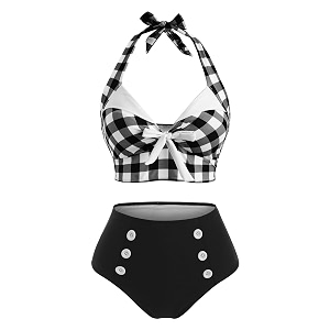 2 Pieces Bikini Set Retro Halter Plaid