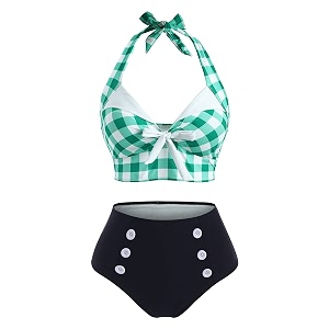 2 Pieces Bikini Set Retro Halter Plaid