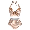 2 Pieces Bikini Set Retro Halter Plaid