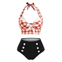 2 Pieces Bikini Set Retro Halter Plaid