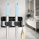 SITTELLA® 2 Pieces (Black) Self Adhesive Stainless Steel 2 Racks with 1 Hook Heavy Duty Wall Mounted Broom and Mop Stick Holder, for Home Kitchen Garden Laundry Garage