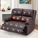 2-Seater Reclining Loveseat Sofa with Heat and Massage, Manual Faux Leather Home Theater & RV Couch, Double Recliner with Cup Holders and Side Storage, Brown
