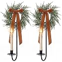 2 Set Christmas Metal Wall Candle Sconce Holder with Bow Wreath, Brown