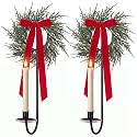 2 Set Christmas Metal Wall Candle Sconce Holder with Bow Wreath, Red