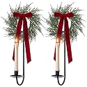 2 Set Christmas Metal Wall Candle Sconce Holder with Bow Wreath, Burgundy