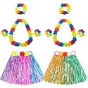 2 Sets Hawaiian Luau Hula Grass Skirt Girls Hawaii Party Hula Dancer Grass Skirt Headbands Set Beach Tropical Outfits(Mixed Pink, Mixed Brown)