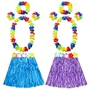 2 Sets Hawaiian Luau Hula Grass Skirt Girls Hawaii Party Hula Dancer Grass Skirt Headbands Set Beach Tropical Outfits(Blue, Purple)