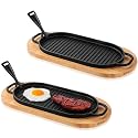 2 Sets Oval Cast Iron Fajita Skillet Pan Set, 12 x 6.3 Inch