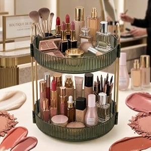 2 tier 360 rotating makeup organizer lazy susan vanity organizer with gold frame amp clear acrylic trays for skincare perfume amp cosmetics green