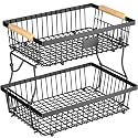 2 Tier Fruit Basket for Kitchen Counter with 2 Banana Hangers, Countertop Metal Bread Basket with Wooden Handle, Large Storage Stand for Vegetables, Snacks, Eggs, Produce Storage – Black