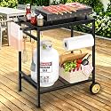 2-Tier Outdoor Grill Table with Wheels, Movable Cooking Food Prep Table for Outside BBQ Gathering, with 23.62" Lx 15.75" W Rust-resistant Tabletop, Griddle Stand for Patio & Backyard & Tools Room