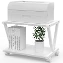 2-Tier Rolling Printer Stand, Modern Office Storage Rack for Home &amp; Desk Organization, Brown Desktop Organizer with Wheels, Ideal for Small Spaces (White)