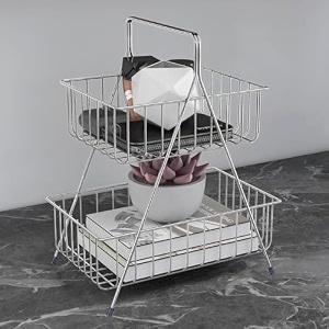 2-tier stainless steel fruit and vegetable basket countertop storage organizer with handle space saving kitchen rack stand