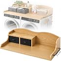 2-Tier Washer Dryer Countertop, Laundry Room Organizer with Drawers & Side Hanging Rod, Wave Design Washer Top Shelf for Folding Clothes and Storage, Laundry Countertop Cover with Hooks