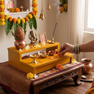 2 -tier wooden temple stand for pooja room wooden puja chowki for home mandir finish religious display shelf for idols diyas amp decor home temple organizer yellowthis item size - 30x25x8cm
