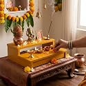 2 -Tier Wooden Temple Stand for Pooja Room Wooden Puja Chowki for Home Mandir Finish Religious Display Shelf for Idols, Diyas &amp; Decor Home Temple Organizer YellowThis Item Size - 30x25x8CM