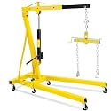 2 Ton Hydraulic Engine Hoist with Leveler, Folding Mobile Shop Crane Cherry Picker with Adjustable Booms & 6 Lockable Casters, Compact Engine Crane for Garage Workshop, Yellow