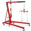 2 Ton Hydraulic Engine Hoist with Leveler, Folding Mobile Shop Crane Cherry Picker with Adjustable Booms &amp; 6 Lockable Casters, Compact Engine Crane for Garage Workshop, Red
