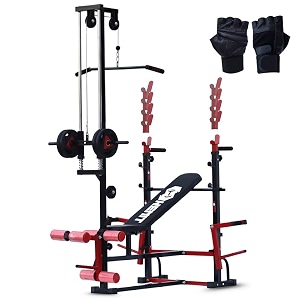 20-in-1 adjustable gym bench with lat pulldown leg extension amp curl dip station and training hand gloves  advanced home workout equipment