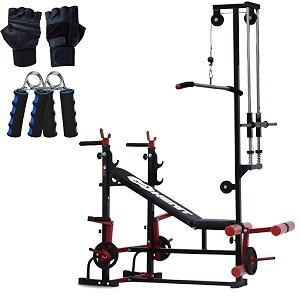 20-in-1 adjustable gym bench press machine for home with j-hook lat pulldown leg curl amp extension hand gripper and gloves  complete home gym bench set