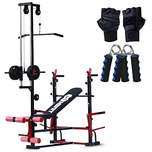 20-in-1 adjustable home gym bench with lat pulldown leg curl amp extension hand gripper and training hand gloves  complete full-body strength workout kit