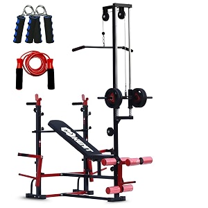20-in-1 adjustable home gym bench with lat pulldown leg extension amp curl hand gripper and skipping rope  complete full-body strength and cardio training kit