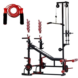 20-in-1 adjustable home gym bench press machine with j-hook lat pulldown leg curl amp extension and skipping rope  complete full body workout bench