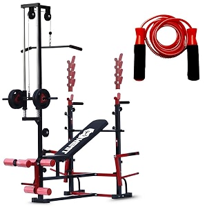 20-in-1 adjustable home gym bench with lat pulldown leg curl amp extension and included skipping rope  complete full-body workout setup
