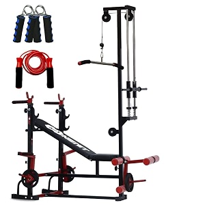 20-in-1 adjustable home gym bench for full body workout with j-hook lat pulldown leg curl amp extension hand gripper and skipping rope  all-in-one gym bench