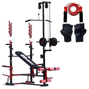 20-in-1 adjustable home gym bench with lat pulldown leg curl amp extension training hand gloves and skipping rope  complete strength and cardio workout setup