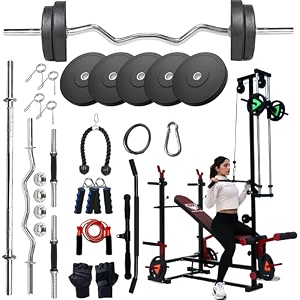 20-in-1 15kg multifunctional home gym bench with rubber weight plates dumbbell rods barbell rod amp accessories combo adjustable bench press station with dual pulley system