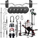 20-in-1 15kg Multifunctional Home Gym Bench with Rubber Weight Plates, Dumbbell Rods, Barbell Rod &amp; Accessories Combo, Adjustable Bench Press Station with Dual Pulley System
