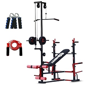 20-in-1 multi-function fitness bench with inclinedecline positions pulley system grip strengthener and skipping rope for total home gym workouts