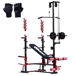 20-in-1 multi-function fitness bench with inclinedecline positions chest fly pulley system and protective hand gloves for full-body strength training
