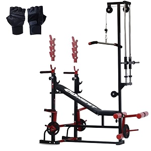 20-in-1 multifunctional fitness bench with lat pulldown j-hook bench press incline decline positions chest fly amp gloves  adjustable workout bench for home