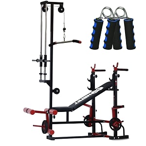 20-in-1 multifunctional gym bench with lat pulldown for home workout j-hook bench press station incline decline positions chest fly amp hand gripper