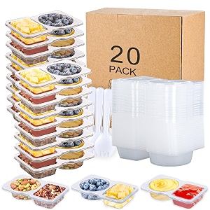20 pack reusable snack containers with lids - double compartment sauce cups with 20 forks microwave safe portion control containers for meal prep take-out party amp travel