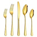20 Pcs Gold Silverware Set for 4, Food Grade Stainless Steel Flatware Set, Eating Utensils Sets Include Fork/Knife/Spoon, Reusable Cutlery Set for Home Kitchen, Dishwasher Safe, Double-stripe