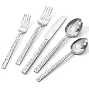 20 Pcs Hammered Silverware Set for 4, 18/10 Stainless Steel Flatware