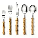 20-Piece Bamboo Handle Silverware Set for 4, 18/8 Stainless Steel Flatware Includes Knives, Forks and Spoons, Rust-Resistant Reusable Cutlery for Kitchen, Dining and Camping