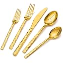 20 Piece Gold Silverware Set, 18/10 Stainless Steel Hammered Flatware for 4