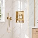 20 x 16 Inch Stainless Steel Shower Niche, No Tile Needed Wall Niche with Double Shelves, Recessed Wall Niche Insert for Bathroom Shower Kitchen Storage, Brush Gold