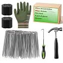 200 Packs Garden Stakes Staples 6 inch 100 Pack 11 Gauge U-Shaped Garden Galvanized Stakes, 100pcs Gaskets with Hammer and Gloves Pair, for Securing Weed Barrier Fabric, Irrigation Tubing