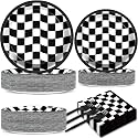 200 PCS Black and White Checkered Party Plates Napkins Race Car Birthday Cake Tableware Set for Checkered Flag Disposable Dessert Plates Forks Decor Serve 50 Guests for Racing Party Favor Supplies